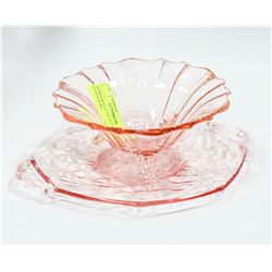 DEPRESSION GLASS PLATE PLUS FOOTED BOWL