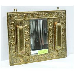 ANTIQUE BRASS HALL MIRROR AND CLOTHES BRUSHES.