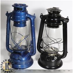 BOX WITH 2 VINTAGE METAL KEROSENE LANTERNS.