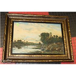 VINTAGE FRAMED POND SCENE PICTURE (NEEDS REPAIR)