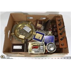 BOX OF VINTAGE LIGHTERS ASHTRAY AND PIPES.