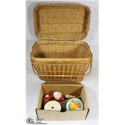 WICKER BASKET WITH FISH HOOKS AND LINE FROM 70'S