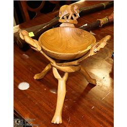 WOOD CARVED BOWL AND STAND, ELEPHANT ACCENTS.