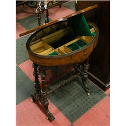 BURLED WALNUT MARQUERY INLAID SEWING TABLE CA 1830