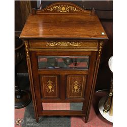 ANTIQUE WOOD INLAID CABINET WITH MIRRORS