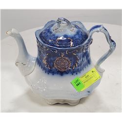 LARGE ANTIQUE FLOW BLUE TEAPOT,
