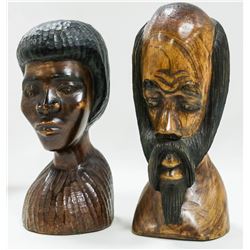 PAIR OF WOOD 9 " MAN AND WOMAN BUSTS.