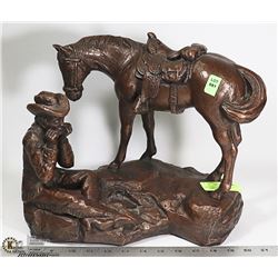 LARGE BRONZE STYLE COWBOY AND HORSE ORNAMENT