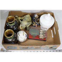 BOX OF ASSORTED ORNAMENTS INCL MILK GLASS,