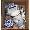 Image 1 : BOX OF CERAMIC BLUE AND WHITE ORNAMENTS
