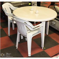 WHITE PATIO TABLE AND 4 WHITE CHAIRS