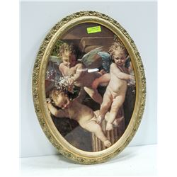 OVAL CHERUB WOOD FRAMED PICTURE