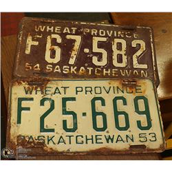 3 SASKATCHEWAN LICENSE PLATES - 1952, 1953, 1954