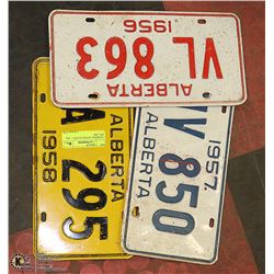 3  ALBERTA LICENSE PLATES - 1956, 1957, 1958