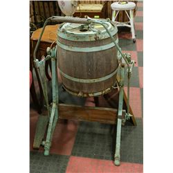 ANTIQUE LARGE WOODEN CLOTHES WASHER ON STAND