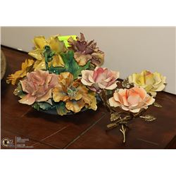 LOT OF 2 ESTATE CERAMIC FLOWER ORNAMENTS