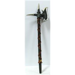 MEDEVAL ORNATE AXE WITH METAL HEAD AND WOOD HANDLE