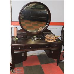 WOOD VANITY WITH MIRROR. FURNITURE. 60" X 49" X 20