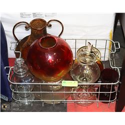 WIRE BASKET WITH OIL LAMPS SHADES AND ORNAMENTS