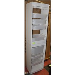 LOT OF 2 WHITE SHELVES WITH PLASTIC BIN STORAGE