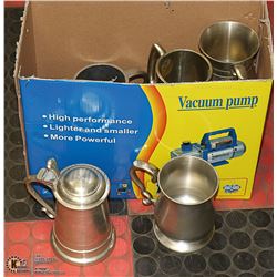 BOX OF PEWTER MADE IN ENGLAND CUPS.