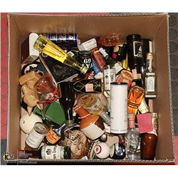 BOX OF ASSORTED VINTAGE MINI BOTTLES OF ALCOHOL.