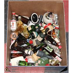BOX OF ASSORTED VINTAGE MINI BOTTLES OF ALCOHOL.