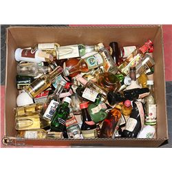 BOX OF ASSORTED VINTAGE MINI BOTTLES OF ALCOHOL.