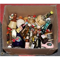 BOX OF ASSORTED VINTAGE MINI BOTTLES OF ALCOHOL.