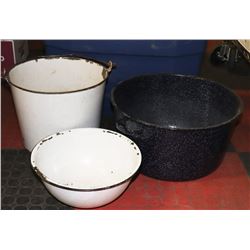 LARGE ENAMELED BASIN, BOWL AND PAIL