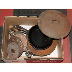 BOX OF ITEMS AND FRYING PANS