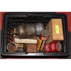 CRATE OF MISC, MEASURERING STICKS WOODEN BOX