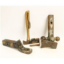 BOX OF HITCHES, AXE HEAD AND MORE