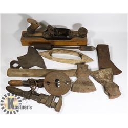 BOX OF OLD AXE HEADS PLUS VARIOUS WOOD PLANERS