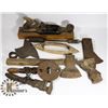 Image 1 : BOX OF OLD AXE HEADS PLUS VARIOUS WOOD PLANERS