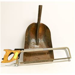 PAIR OF MEAT SAWS, SCOOP SHOVEL