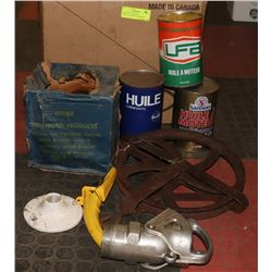 3 CANS OIL, WITH OIL SPOUT,SILVER OIL BUNK FOR