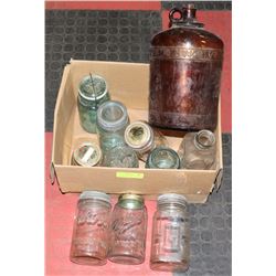 LARGE BROWN GLASS JUG AND BOX OF VARIOUS SIZE JARS