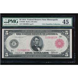 1914 $5 Minneapolis Red Seal Federal Reserve Note PMG 45