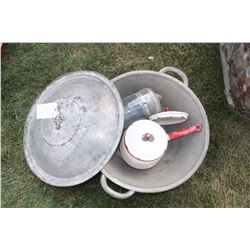 Bread Pan (no holes) with Lid; Enamelware (pot with 2 lids) and a Pyrex Coffee Perk (complete)