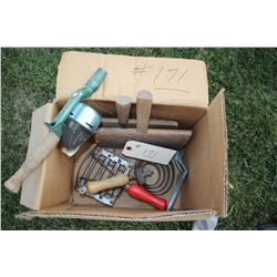 Box with:  Wool Carders, Currie Combs and a Fishing Reel