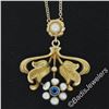 Image 3 : Antique Art Nouveau 14kt Yellow Gold Natural Pearl and Sapphire Tulip Pendant Ne