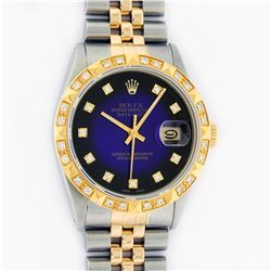 Rolex Mens 2 Tone 14K Blue Vignette String Pyramid Diamond Datejust Wristwatch