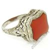Art Deco Etched 14kt White Gold Custom Cut Carnelian Solitaire Filigree Ring