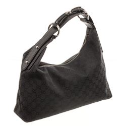 Gucci Black GG Canvas Leather Medium Horsebit Hobo Bag