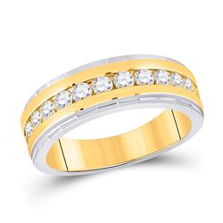 Mens Round Diamond Wedding Machine-Set Band Ring 1 Cttw 14kt Two-tone Gold - REF-118W9K