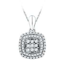 Womens Round Diamond Cluster Double Frame Square Pendant 1/3 Cttw 10kt White Gold - REF-16W9K