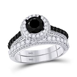 Round Black Color Enhanced Diamond Bridal Wedding Ring Set 2-1/5 Cttw 14kt White Gold - REF-71R9X