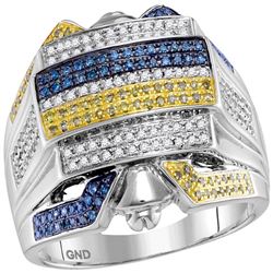 Mens Round Yellow Blue Color Enhanced Diamond Cluster Ring 3/4 Cttw 10kt White Gold - REF-79A9M