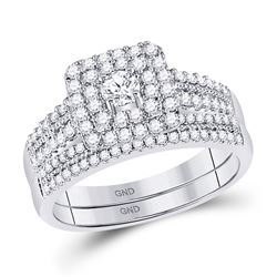 Round Diamond Double Halo Bridal Wedding Ring Band Set 3/4 Cttw 14kt White Gold - REF-71X5A